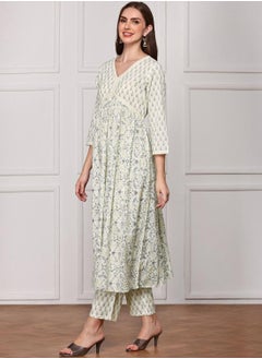 ISHIN Anarkali Fit Printed Pattern Round Neck Three-Quarter Sleeves Off White Colour Woven Cotton Kurta Set for Women with Semi Elastic Closure - Elevate Your Fashion Game  - Image 1
