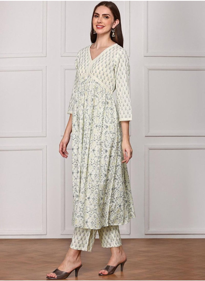 ISHIN - Anarkali Fit Printed Pattern Round Neck Three-Quarter Sleeves Off White Colour Woven Cotton Kurta Set for Women with Semi Elastic Closure - Elevate Your Fashion Game - Image 1