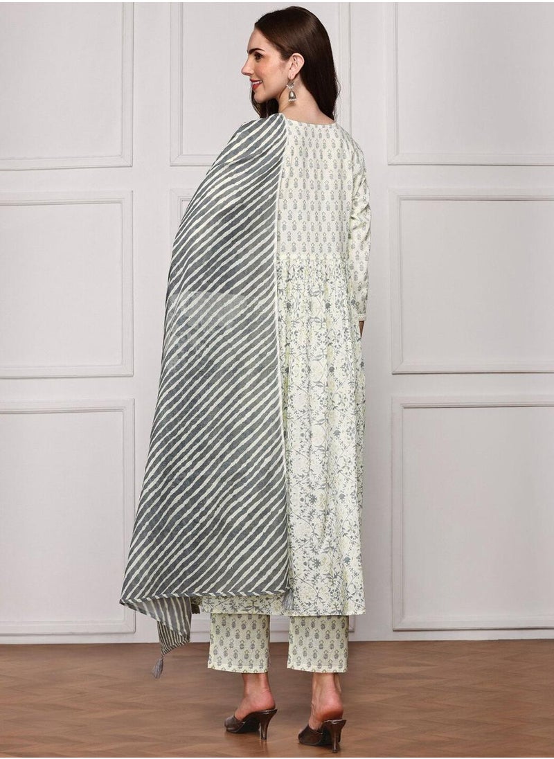 ISHIN - Anarkali Fit Printed Pattern Round Neck Three-Quarter Sleeves Off White Colour Woven Cotton Kurta Set for Women with Semi Elastic Closure - Elevate Your Fashion Game - Image 1