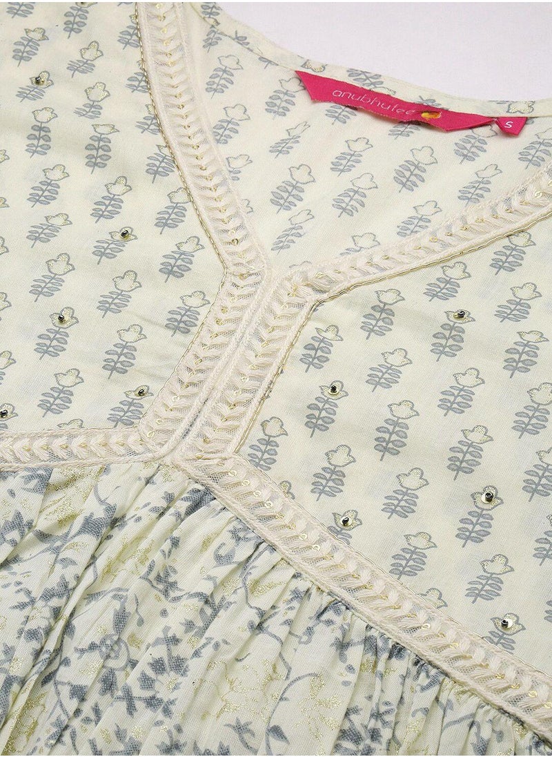 ISHIN - Anarkali Fit Printed Pattern Round Neck Three-Quarter Sleeves Off White Colour Woven Cotton Kurta Set for Women with Semi Elastic Closure - Elevate Your Fashion Game - Image 1