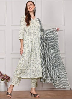ISHIN Anarkali Fit Printed Pattern Round Neck Three-Quarter Sleeves Off White Colour Woven Cotton Kurta Set for Women with Semi Elastic Closure - Elevate Your Fashion Game  - Image 2