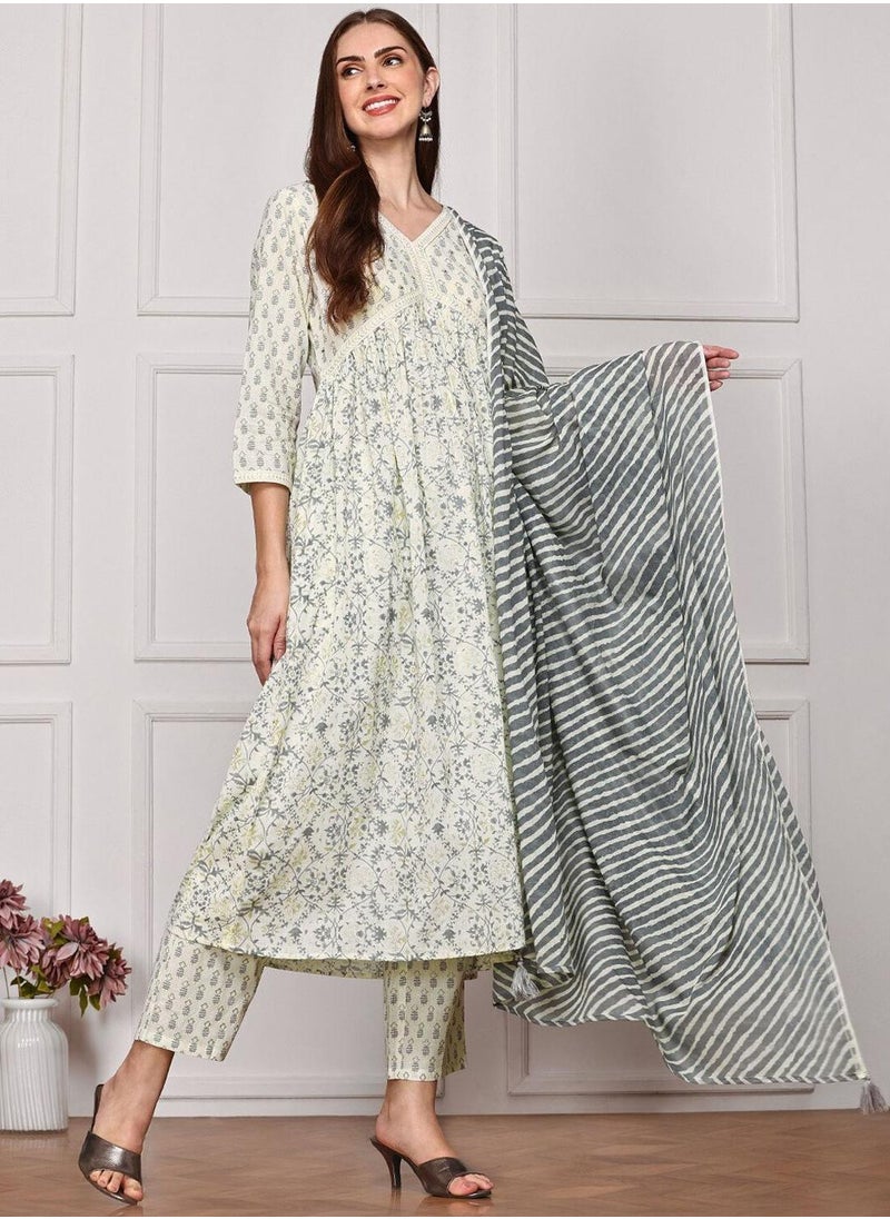 ISHIN - Anarkali Fit Printed Pattern Round Neck Three-Quarter Sleeves Off White Colour Woven Cotton Kurta Set for Women with Semi Elastic Closure - Elevate Your Fashion Game - Image 1