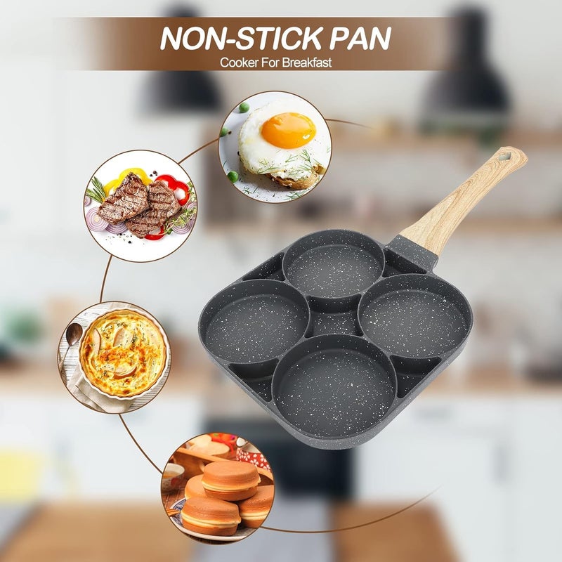 SMARAN 4 Hole Omelet Pan for Burger Eggs Ham Pancake Maker Wooden Handle Frying Pot Non-Stick Cooking Breakfast (Black)  - Image 3