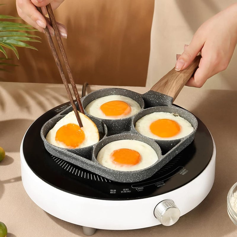 SMARAN 4 Hole Omelet Pan for Burger Eggs Ham Pancake Maker Wooden Handle Frying Pot Non-Stick Cooking Breakfast (Black)  - Image 4