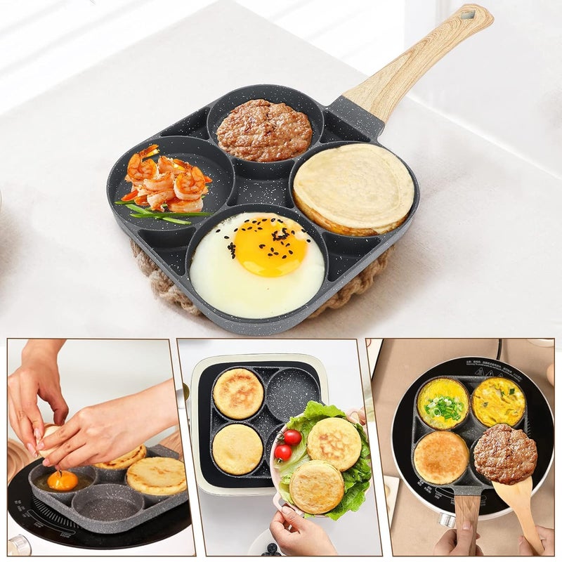 SMARAN 4 Hole Omelet Pan for Burger Eggs Ham Pancake Maker Wooden Handle Frying Pot Non-Stick Cooking Breakfast (Black)  - Image 2
