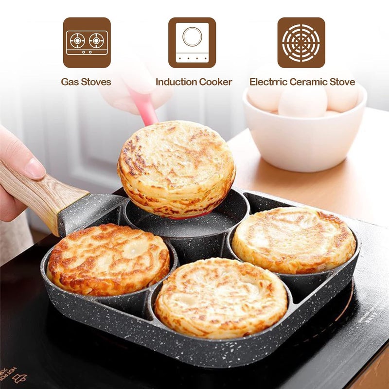 SMARAN 4 Hole Omelet Pan for Burger Eggs Ham Pancake Maker Wooden Handle Frying Pot Non-Stick Cooking Breakfast (Black)  - Image 5