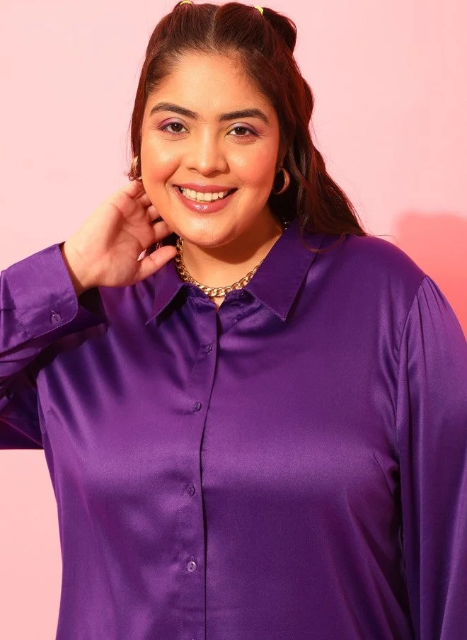 كيرفي ستريت Plus Size Purple Satin Casual Shirt for Women