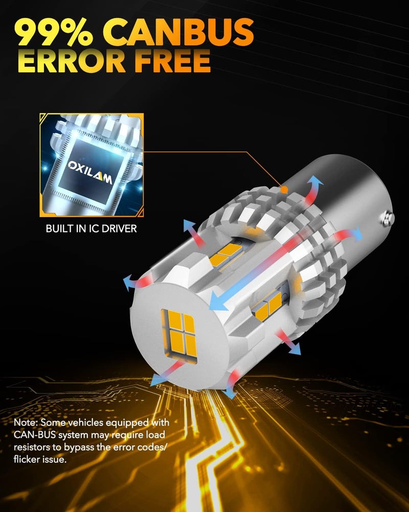 OXILAM لمبة إشارة الانعطاف 1156 LED باللون الأصفر الكهرماني 2200 كلفن شديدة السطوع BA15S 1141 1003 7506 لمبات LED عالية الطاقة مع 12 قطعة من رقائق 3020SMD، عبوة من قطعتين - Image 4