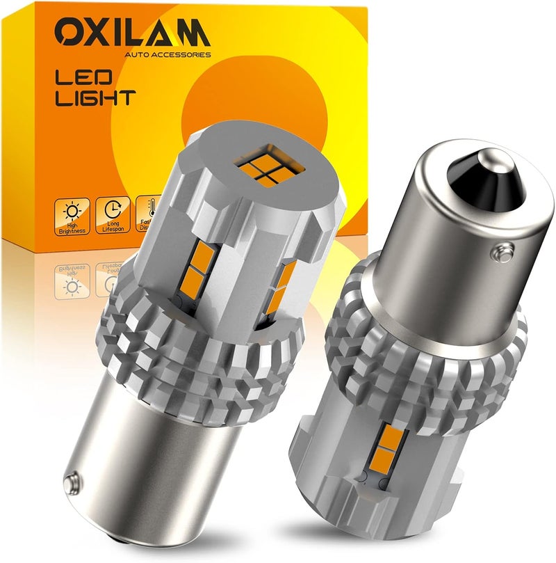 OXILAM لمبة إشارة الانعطاف 1156 LED باللون الأصفر الكهرماني 2200 كلفن شديدة السطوع BA15S 1141 1003 7506 لمبات LED عالية الطاقة مع 12 قطعة من رقائق 3020SMD، عبوة من قطعتين - Image 1