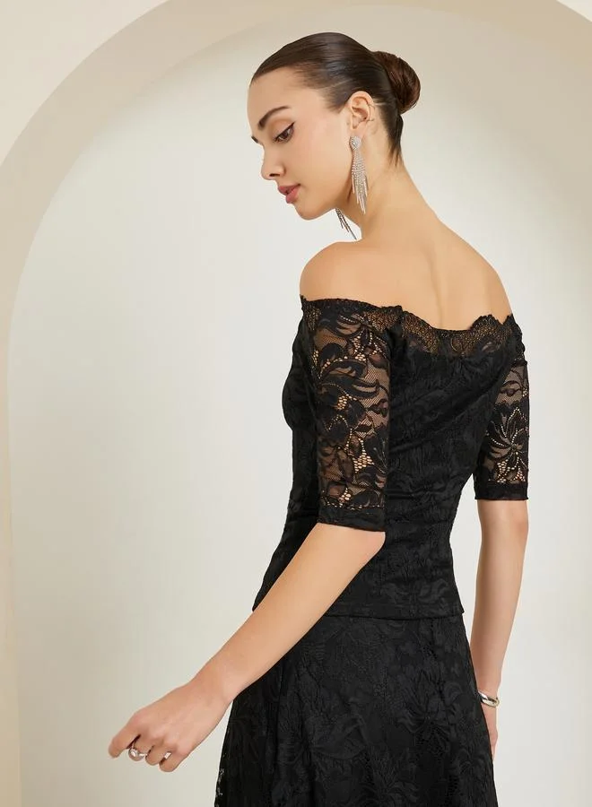 Styli Black Black Off-Shoulder Fitted Lace Top for Women | Best Price UAE