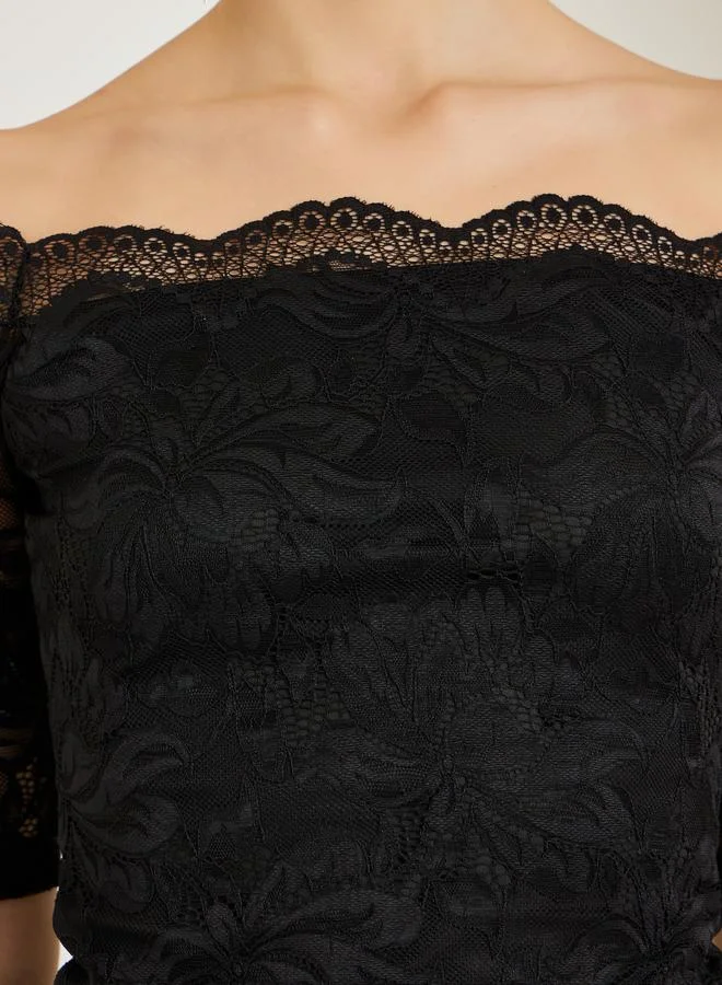 Styli Black Black Off-Shoulder Fitted Lace Top for Women | Best Price UAE