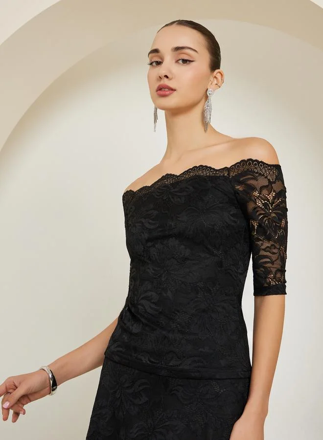 Styli Black Black Off-Shoulder Fitted Lace Top for Women | Best Price UAE