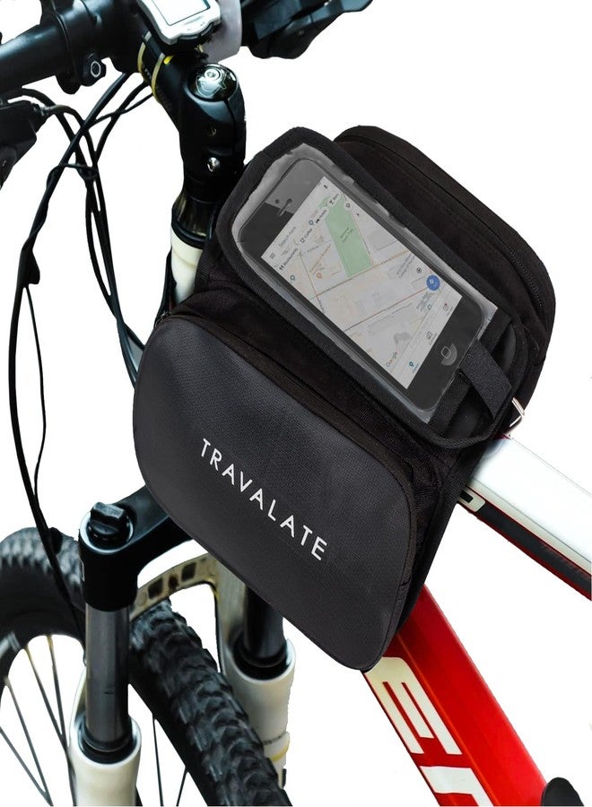 TRAVALATE® Polyester Bicycle Double Sided Front Frame Handlebar Bag - Top Tube Cycle Bag for up to 7 inch Phones (Black) - Image 1