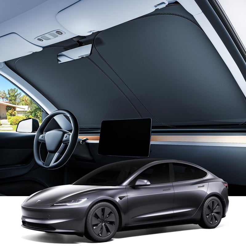 REEVAA 2025 Upgraded Tesla Model 3 Highland Sunshade Windshield Tailored Fit 99 Sun Protection Foldable and EasyUse Sunshade Accessories with Storage Bag Fit Model 3 20162025 Silver Coating