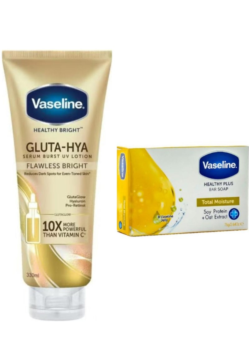 Vaseline Set 2 Pcs Healthy Bright Gluta-Hya Flawless Glow Serum-In-Lotion 330 ml + Healthy Plus Bar Soap Total Moisture 75 g