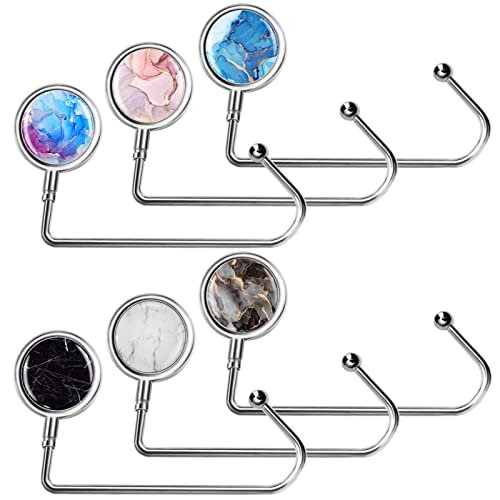 AUHOKY 6Pcs Portable Purse Hook Handbag Hanger for Table, Fashionable Long Handbag Bag Holder Under Counter, Christmas Stocking Holders Mantel Hooks for Women Girls Bags Storage(6 Marble Patterns) - Image 1