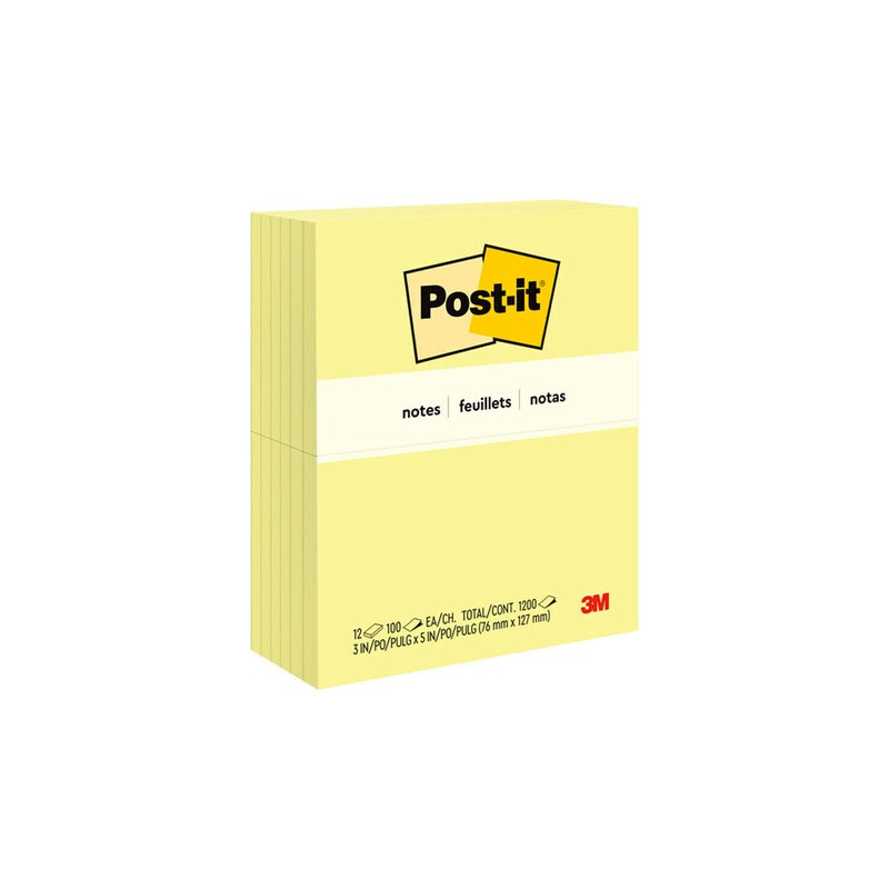 Post-it Notes, 3 in x 5 in, 12 Sticky Notes Pads, 100 Sheets per Pad, Canary Yellow, The Original Post-it Note, School Supplies and Oï¬ƒce Products - Image 1