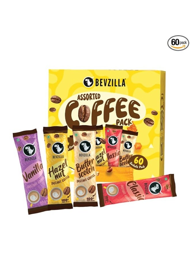 Bevzilla 60 Instant Coffee Powder Sachets(4 Flavours) - 120 Grams | Hazelnut, Classic, Vanilla & Butterscotch|15 pouches Each Flavour| Arabica Coffee|Perfact for Espresso, Latte,Cappuccino| Enjoy Hot & Cold Coffee - Image 1