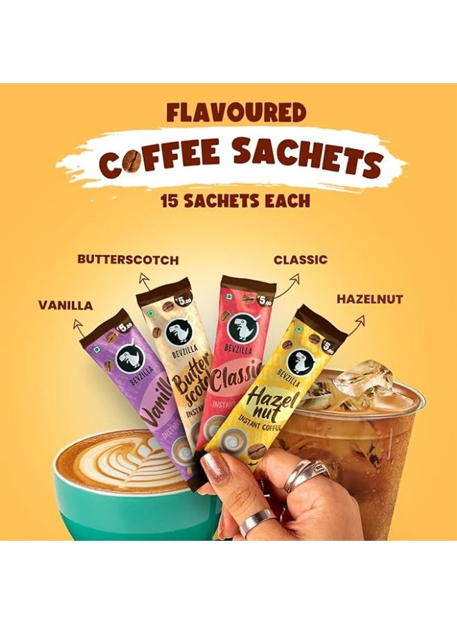 Bevzilla 60 Instant Coffee Powder Sachets(4 Flavours) - 120 Grams | Hazelnut, Classic, Vanilla & Butterscotch|15 pouches Each Flavour| Arabica Coffee|Perfact for Espresso, Latte,Cappuccino| Enjoy Hot & Cold Coffee - Image 2