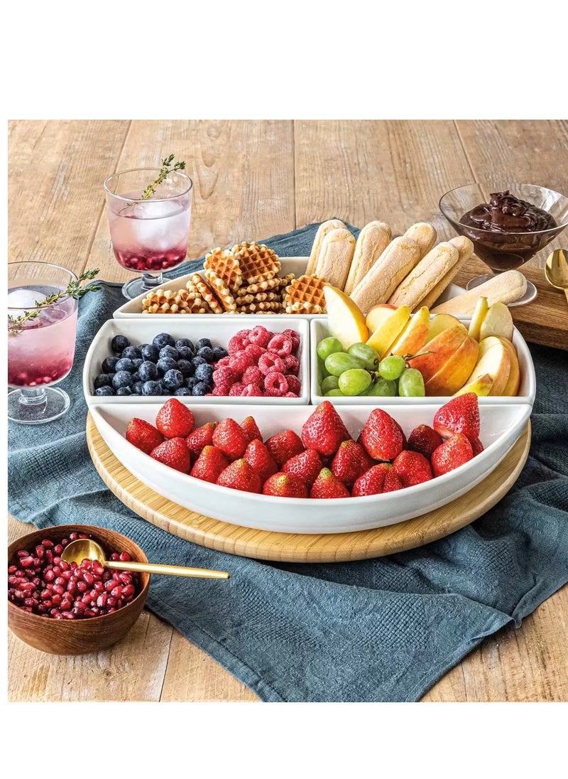 over&back Over & Back Bamboo Lazy Susan with 4 Porcelain Dishes | Serving Set Of 5 Pcs | Cheese Board | Shami BreakFast Dishes  - Image 1