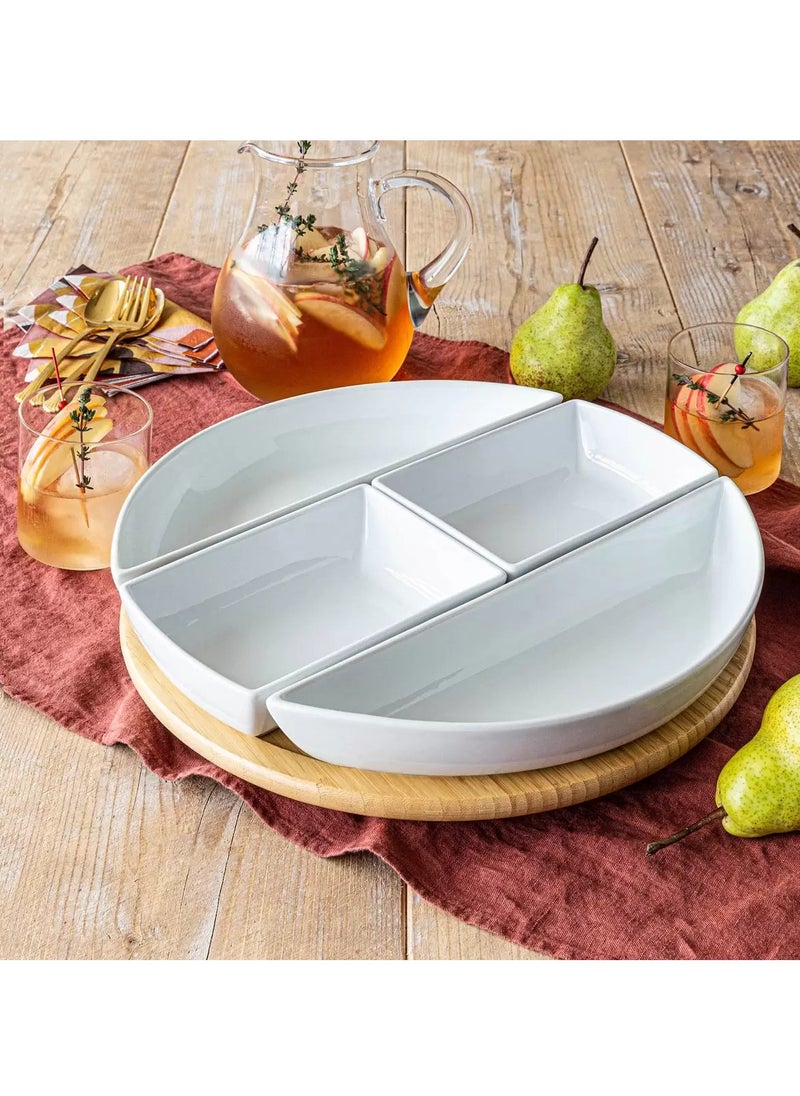over&back Over & Back Bamboo Lazy Susan with 4 Porcelain Dishes | Serving Set Of 5 Pcs | Cheese Board | Shami BreakFast Dishes  - Image 2