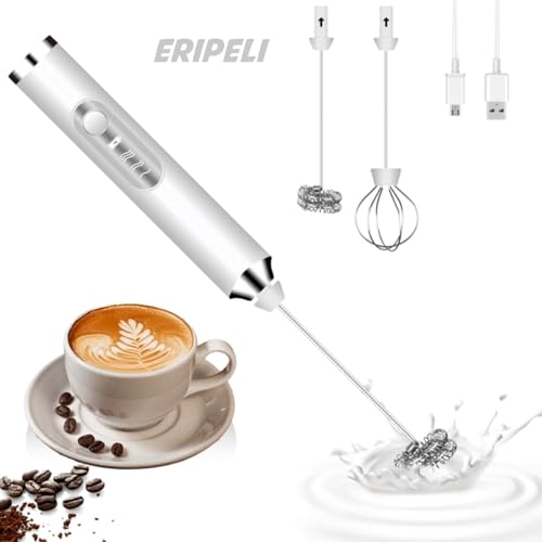 Eripeli خلاط يدوي إيريبلي مع مضرب قهوة ومضرب حليب قابل لإعادة الشحن عبر USB لصنع الرغوة الكهربائية لكابتشينو، أبيض - Image 3