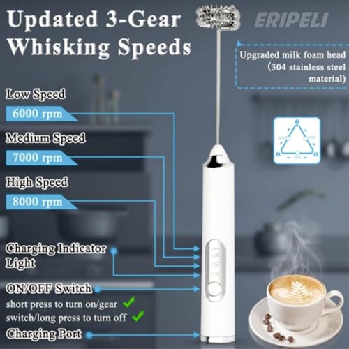 Eripeli خلاط يدوي إيريبلي مع مضرب قهوة ومضرب حليب قابل لإعادة الشحن عبر USB لصنع الرغوة الكهربائية لكابتشينو، أبيض - Image 5