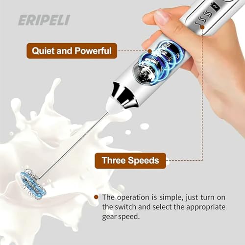 Eripeli خلاط يدوي إيريبلي مع مضرب قهوة ومضرب حليب قابل لإعادة الشحن عبر USB لصنع الرغوة الكهربائية لكابتشينو، أبيض - Image 2