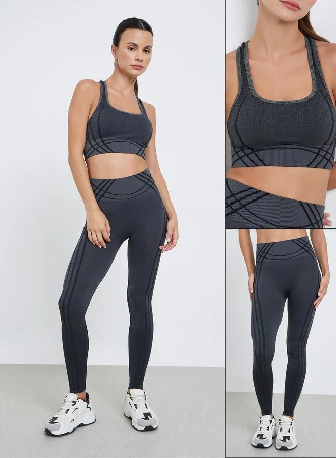 Styli Tonal Jacquard Racerback Sports Bra and Broad Waist Leggings Set