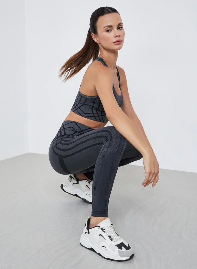 Styli Active Tonal Jacquard Racerback Sports Bra and Broad Waist Leggings Set