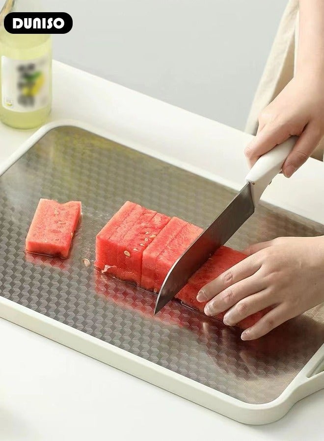 DUNISO Stainless Steel Cutting Boards, Double Sided Cutting Boards for Kitchen, Eco-Friendly Rubber Edge Non-slip Stainless Chopping Board, Large Double-Side Using Cutting Board  with Handle,for Fruit and Meat - Image 4