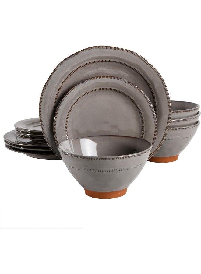 Gibson Elite Terranea Round Reactive Glaze Terra Cotta Dinnerware Set Service for Four 12pcs Grey - Image 1
