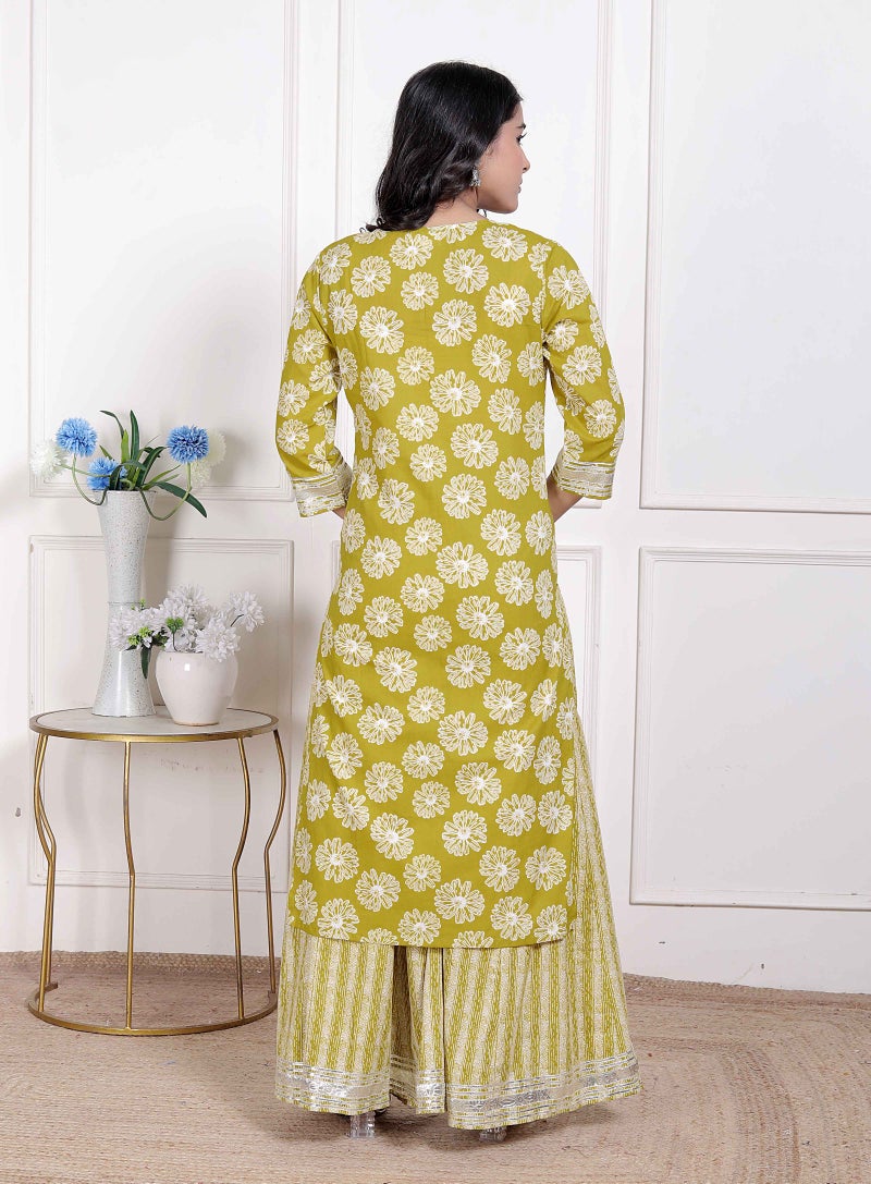 Miravan Women's Lime Yellow Embroidered Straight Kurta with Palazzo and Dupatta - Image 5