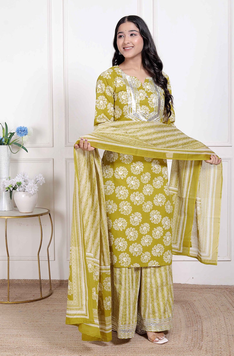 Miravan Women's Lime Yellow Embroidered Straight Kurta with Palazzo and Dupatta - Image 2