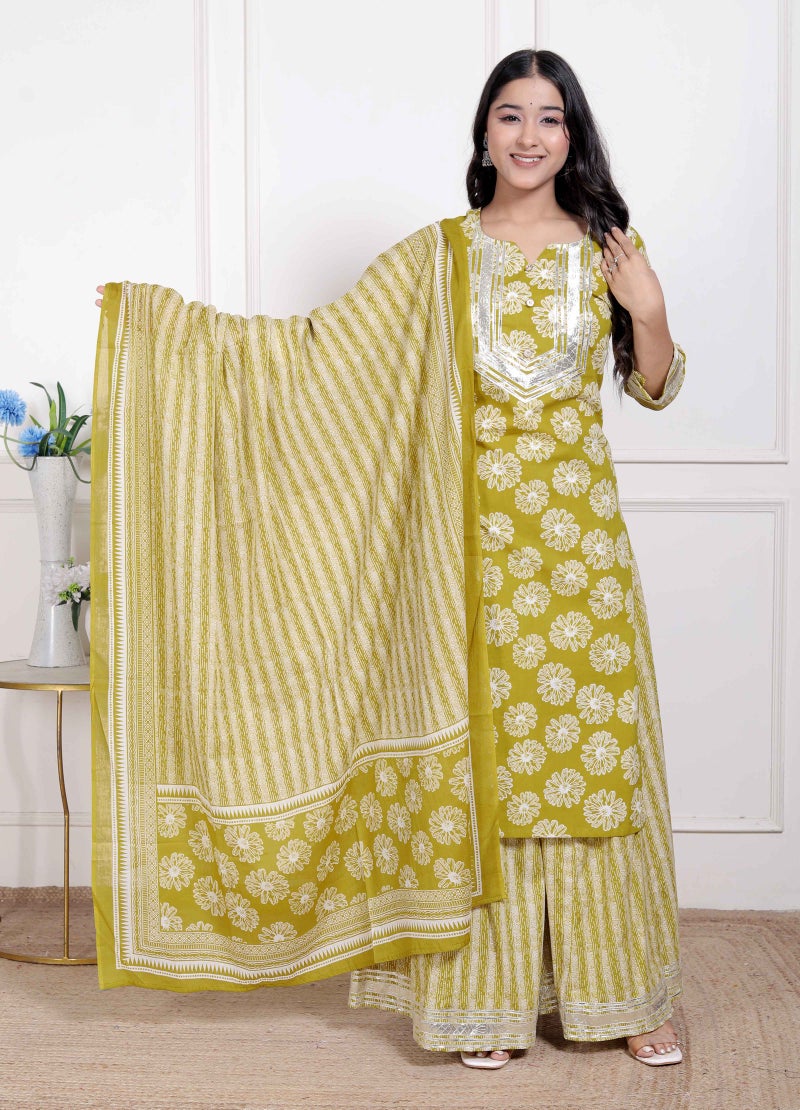 Miravan Women's Lime Yellow Embroidered Straight Kurta with Palazzo and Dupatta - Image 1