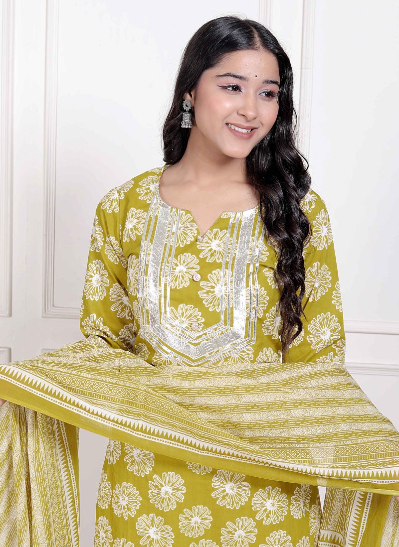 Miravan Women's Lime Yellow Embroidered Straight Kurta with Palazzo and Dupatta - Image 3