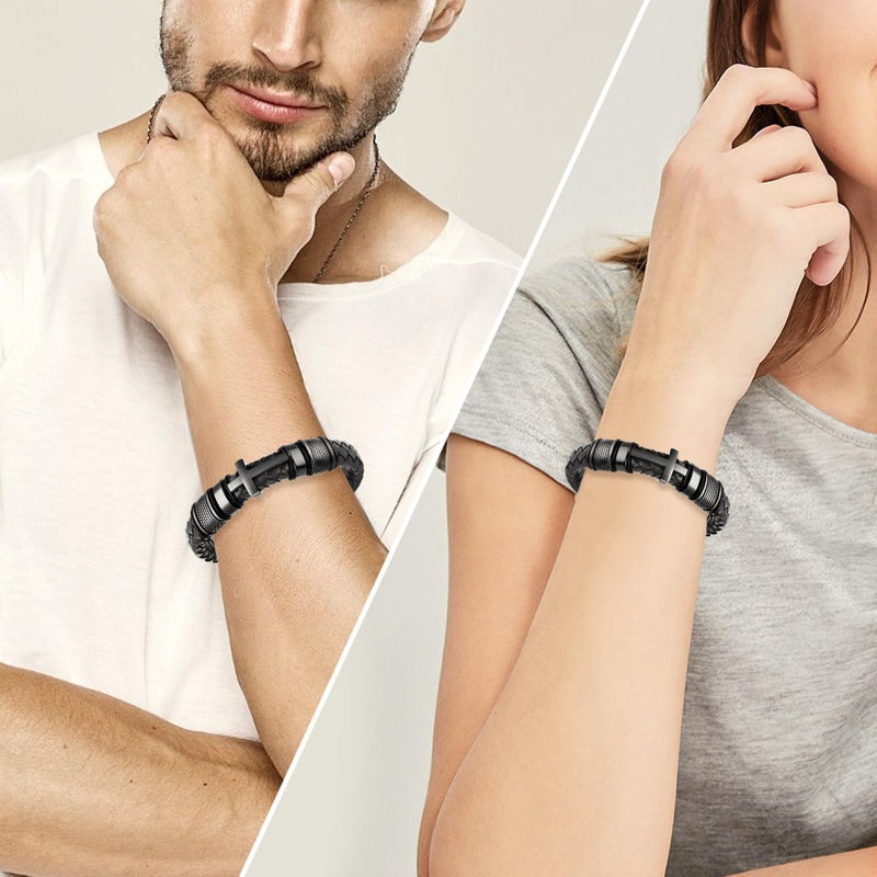 Minicremation Cross Cremation Jewelry Urn Bracelet for Ashes Genuine Leather for Women Men Keepsake Memorial Cuff Bangle Braided Wristband Bracelet for Men (Black-A, 22cm/8.66") - Image 3