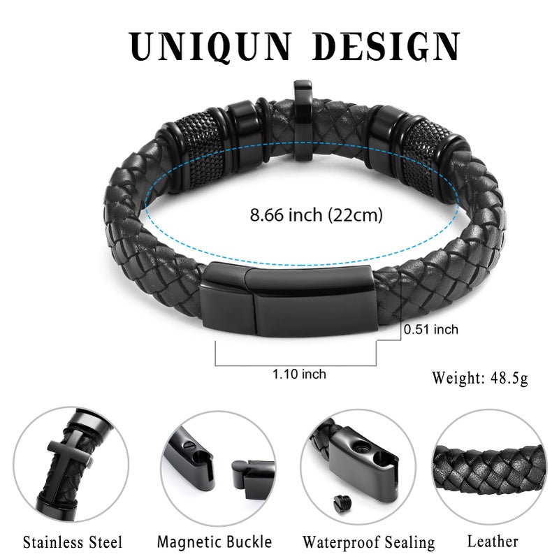 Minicremation Cross Cremation Jewelry Urn Bracelet for Ashes Genuine Leather for Women Men Keepsake Memorial Cuff Bangle Braided Wristband Bracelet for Men (Black-A, 22cm/8.66") - Image 2