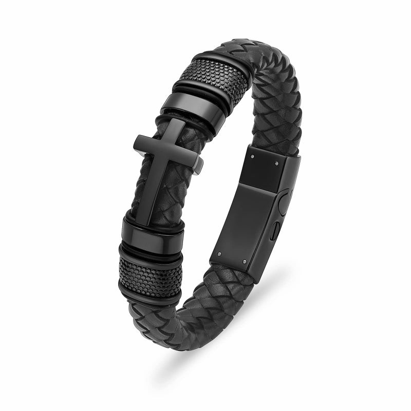 Minicremation Cross Cremation Jewelry Urn Bracelet for Ashes Genuine Leather for Women Men Keepsake Memorial Cuff Bangle Braided Wristband Bracelet for Men (Black-A, 22cm/8.66") - Image 1