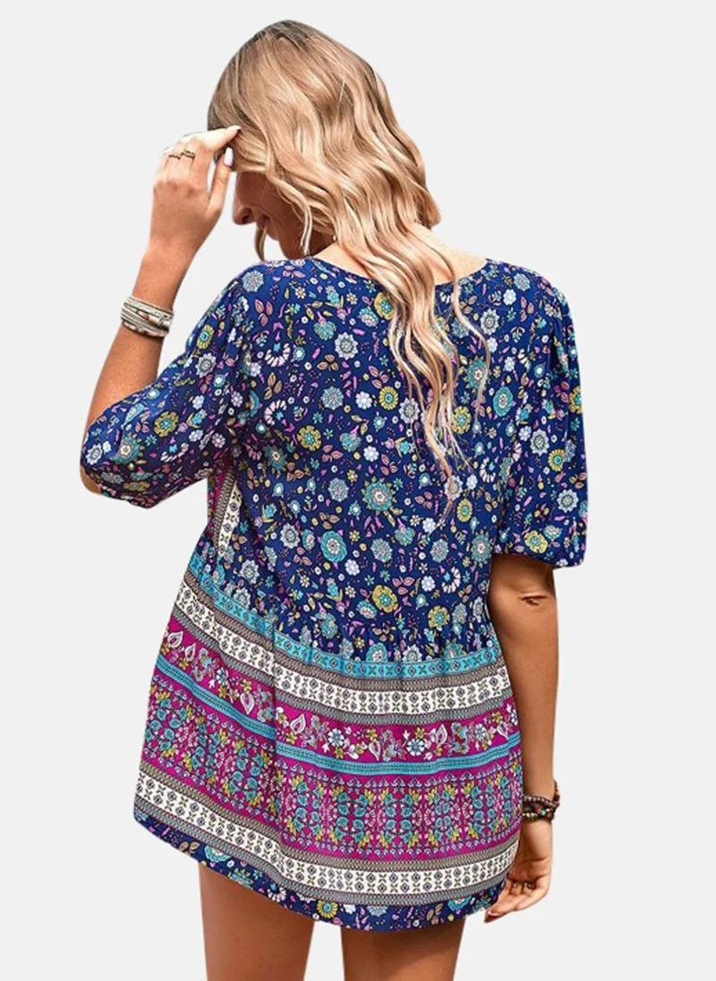يونيكي Blue V-Neck Printed Top