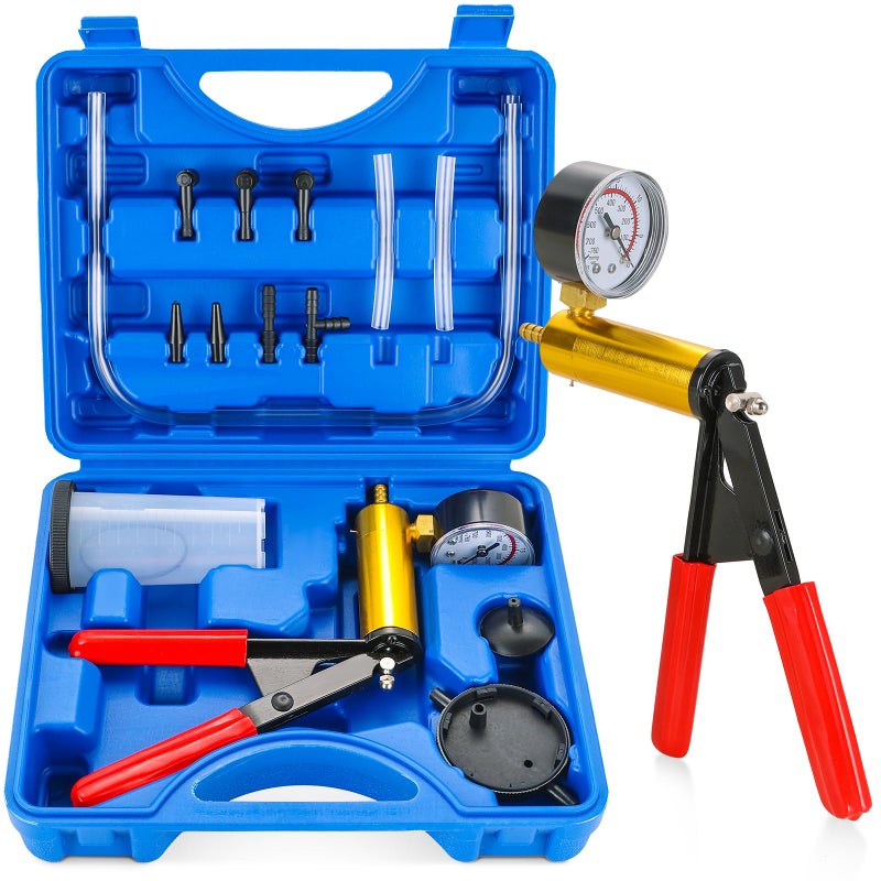 NYXOVA 2 in 1 Handheld Vacuum Pump Brake Bleeder Kit for Motorcycle, 16 pcs Brake Fluid Bleeder Oil Change Hand Held Vacuum Pistol Pump Tester Kit for Bike Car Truck (Blue) - Image 1