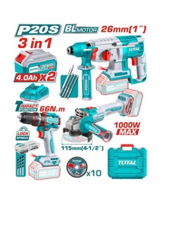 TOTAL Total Cordless 3-Piece Combo Kit 20V - Impact Drill, Angle Grinder & Rotary Hammer with Brushless Motors, LED Work Light & 47 Accessories for Home & Professional Use  - Image 1