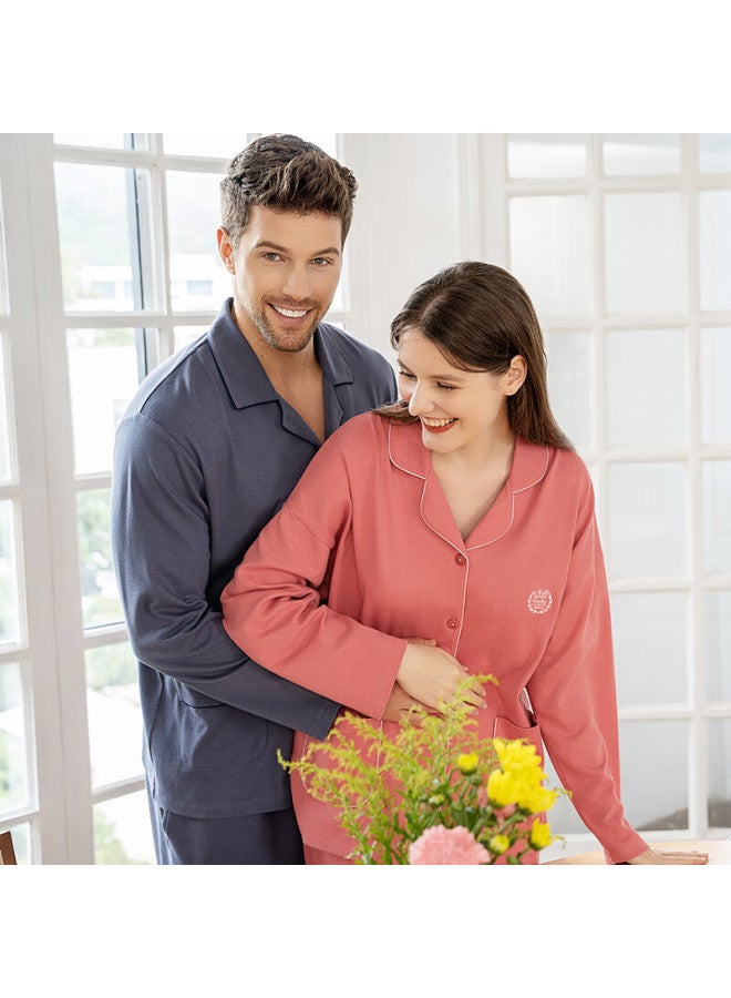 Meibiao 100% Cotton Knit Long Sleeve Long Pants Pajama Set Autumn Winter Women's Homewear Couple Set Men's Gray Blue Xxxl - Image 3