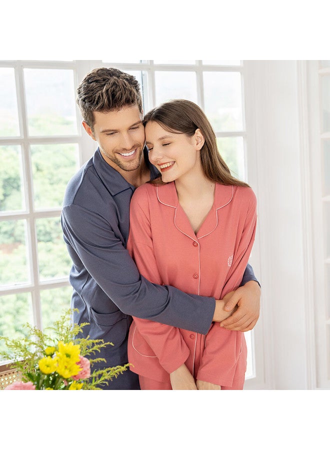Meibiao 100% Cotton Knit Long Sleeve Long Pants Pajama Set Autumn Winter Women's Homewear Couple Set Men's Gray Blue Xxxl - Image 2