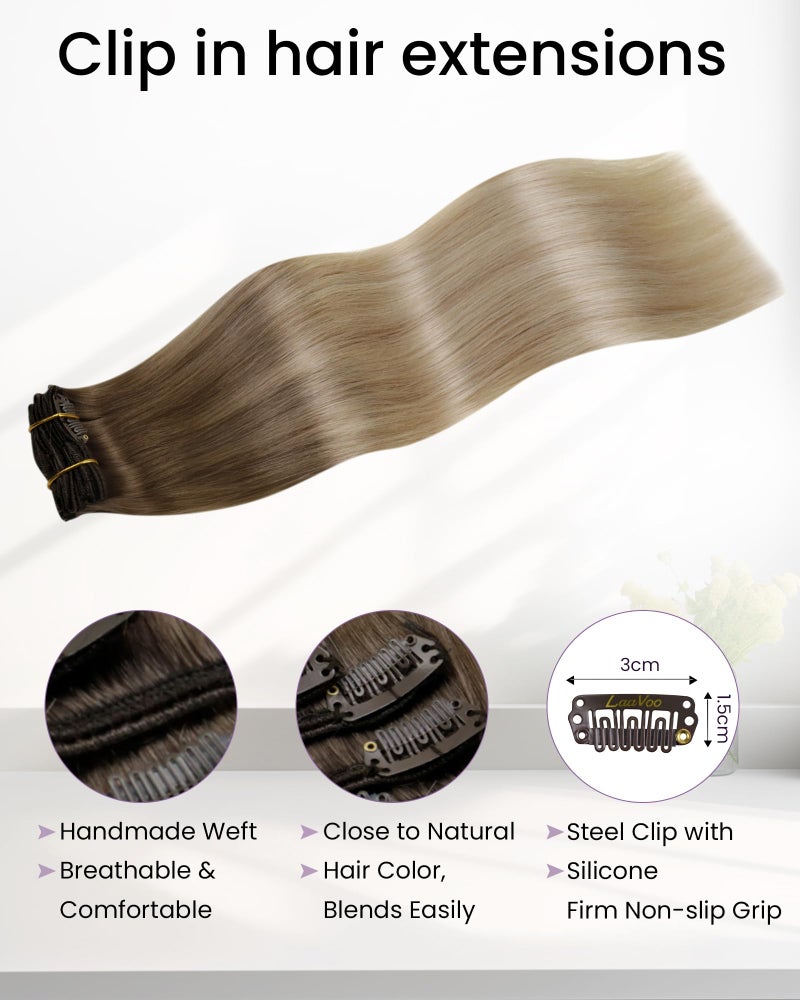 LaaVoo Clip in Hair Extensions Real Human Hair Light Brown to Ash Blonde Mix Platinum Blonde Balayage Human Hair Clip in Extensions Blonde Ombre Hair Extensions Clip ins 20 Inch 5pcs/80g - Image 3