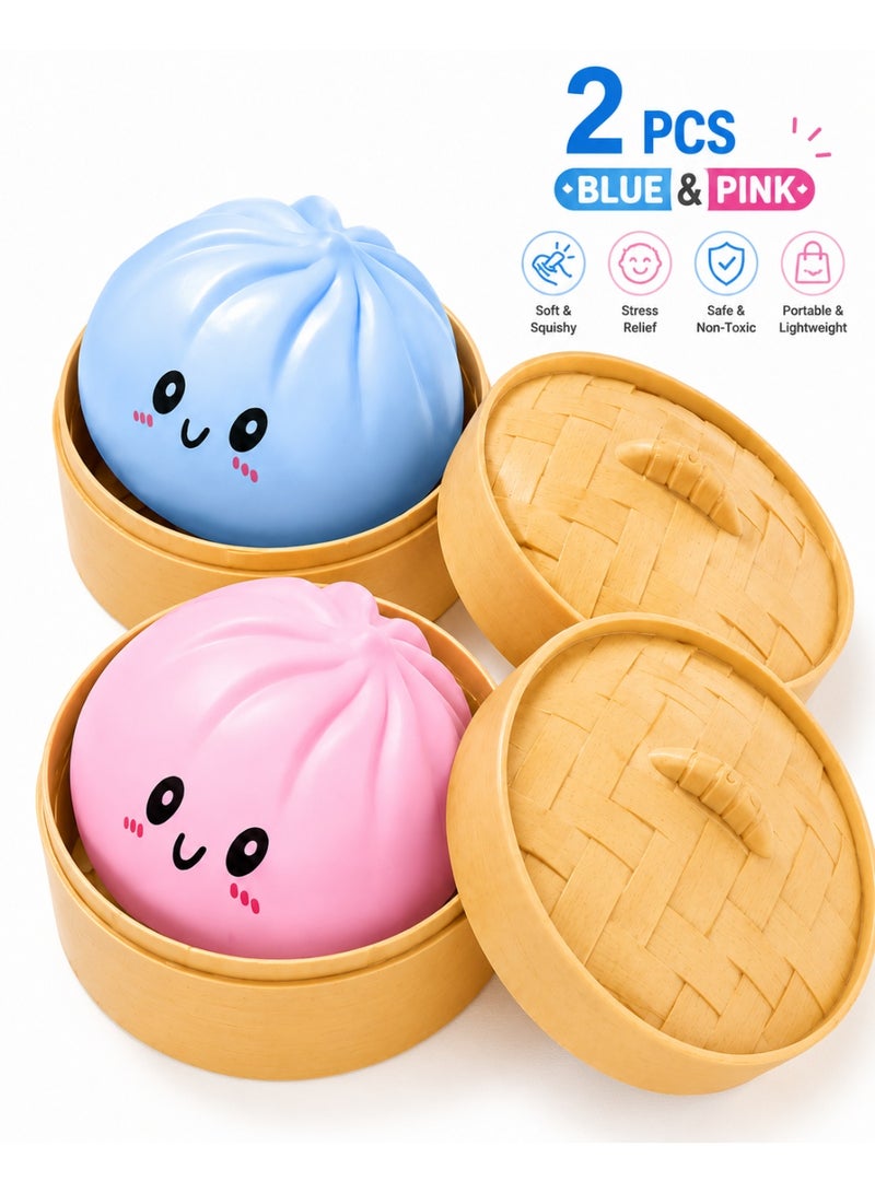Eworld Dumpling Squishy Toy Set - Soft Slow Rise Sensory Squeeze Fidget Toy for Stress Relief & Relaxation for Kids & Adults, 2 Pieces Blue & Pink - Image 1