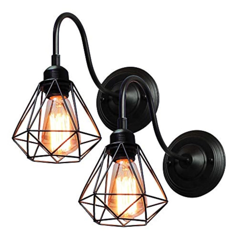 GreyWings Geometric Black Metal Wall Light – Modern Industrial Decorative Sconce, Living Room, Bedroom, Cafe, E27 Holder (Bulb not Included) Small Pack of 2 - Image 1