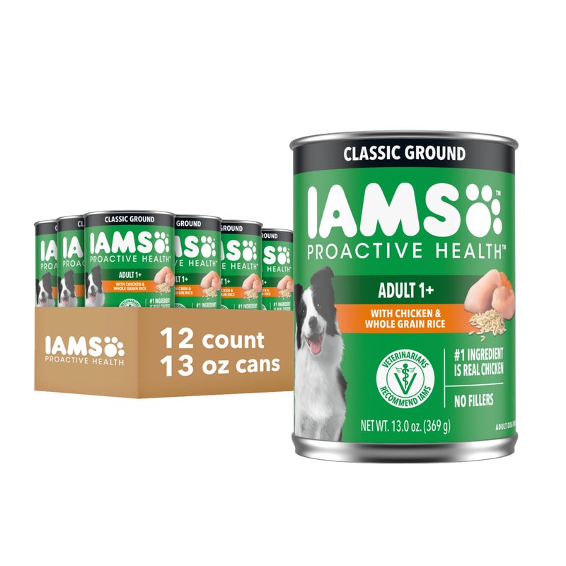 IAMS Proactive Health Adult Wet Dog Food Classic Ground with Chicken and Rice, 13 oz. Cans (12 Count, Pack of 1) - Image 1