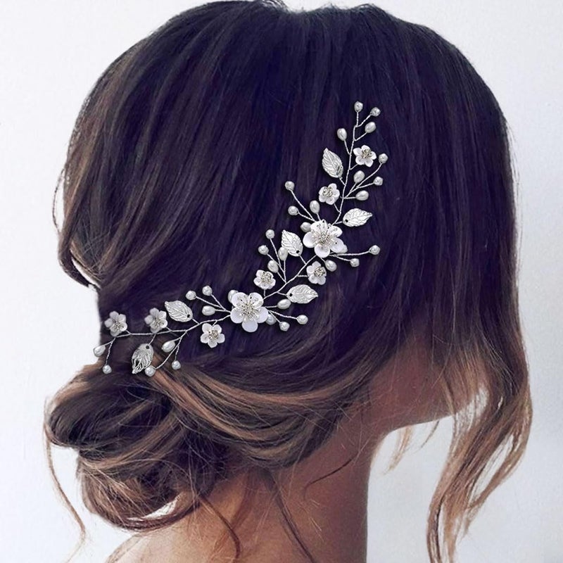 إيسدايلي إكليل زهور زفاف فضي مع لؤلؤ لتاج الرأس لنساء والعروسين، إكسسوارات شعر للنساء والعروسين