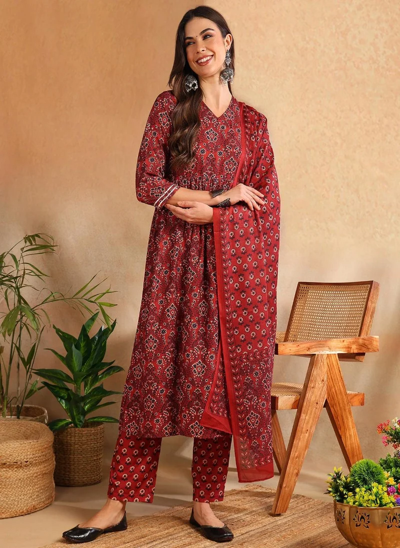 زيري سوق Red Rayon Blend Floral Printed A-Line 3-Piece Kurta Set